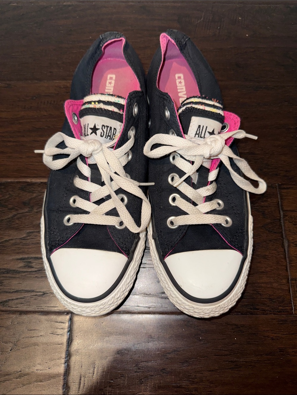 Converse Black Low-Top Double Tongue Sneakers with Pink Liner Size 8